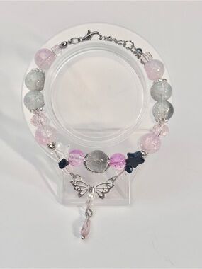 Handmade Pink & Gray Beaded Butterfly Charm Bracelet